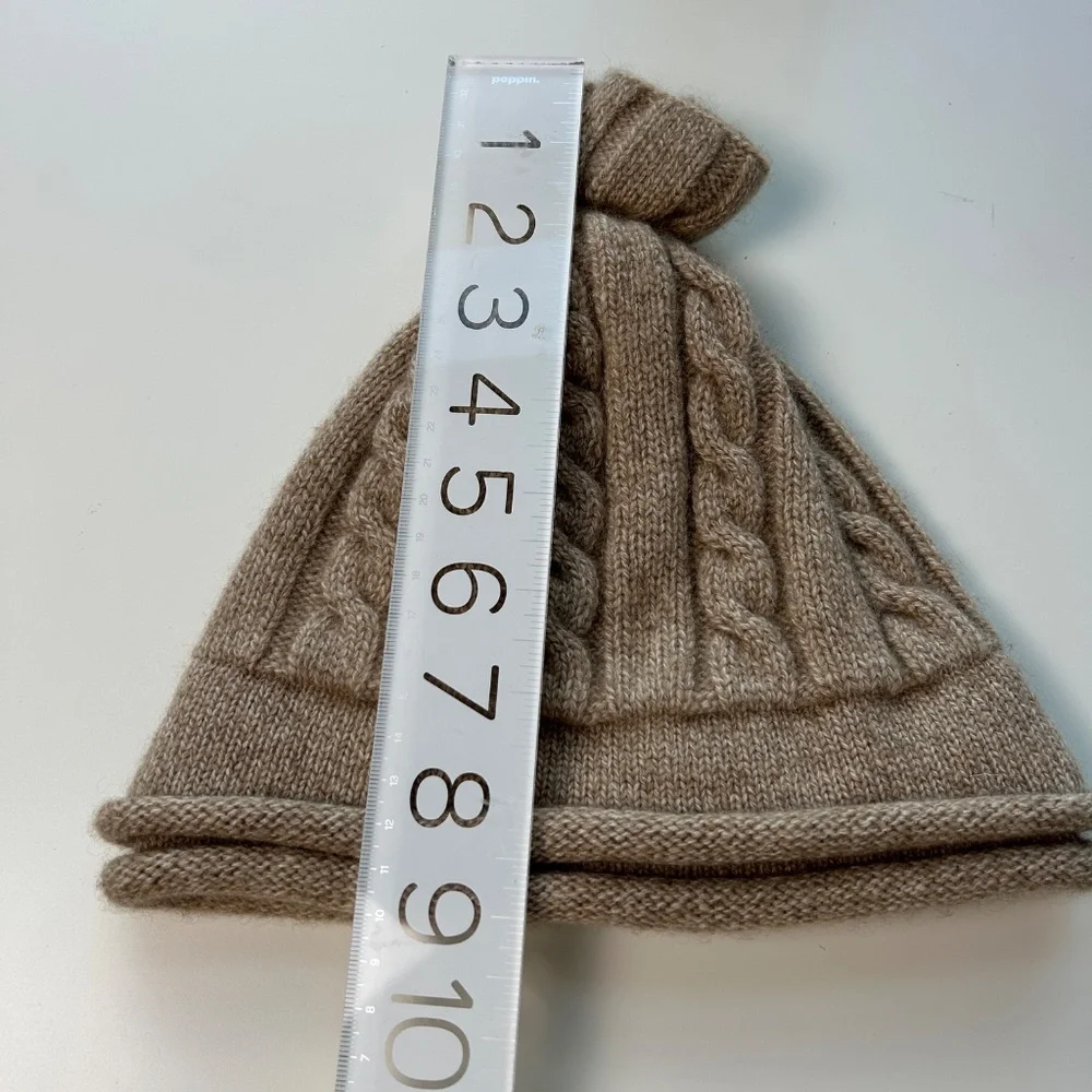 Mount Cashmere women one size beanie cable knit knot top brown 100% cashmere